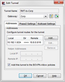 Captura de pantalla de la ruta del túnel RMT a Corp en la configuración Corp